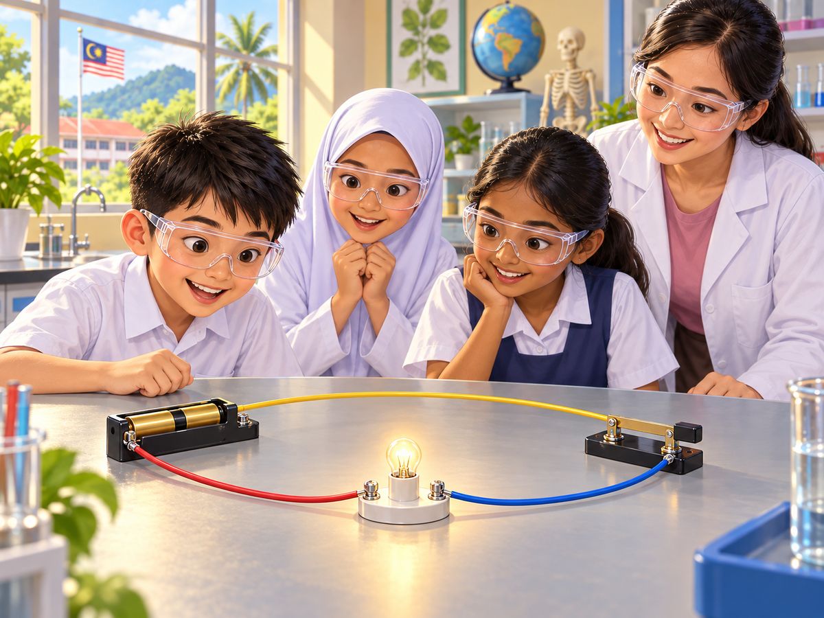 学生看着电池、开关和小灯泡接成的电路，灯泡亮了