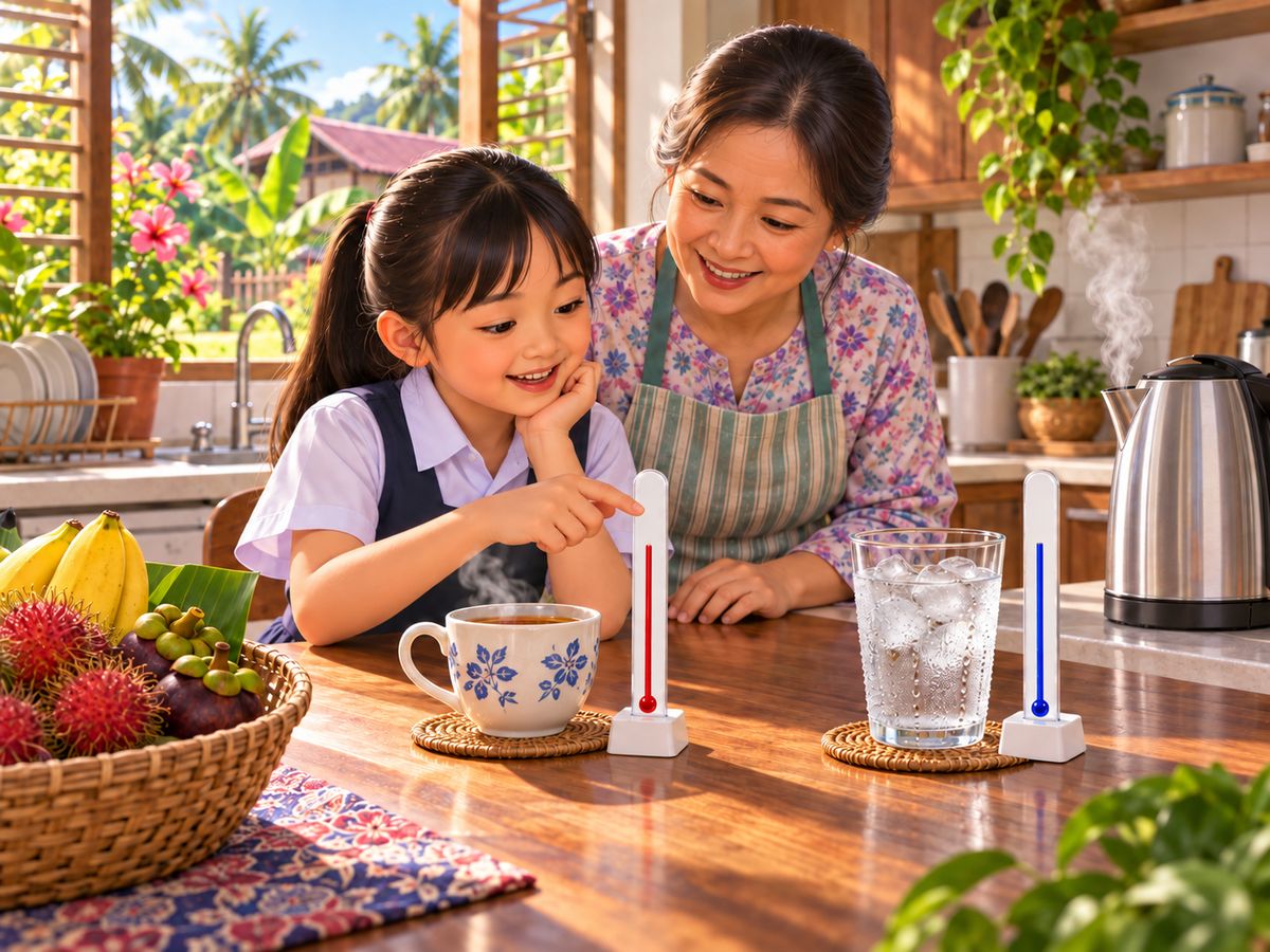 孩子用温度计比较热茶和冰水，旁边的水壶冒着蒸汽