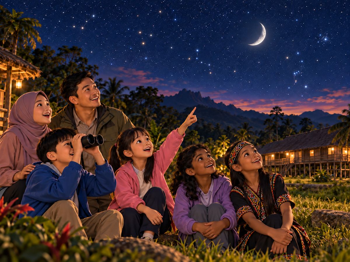 一家人在乡村夜空下看娥眉月和星星