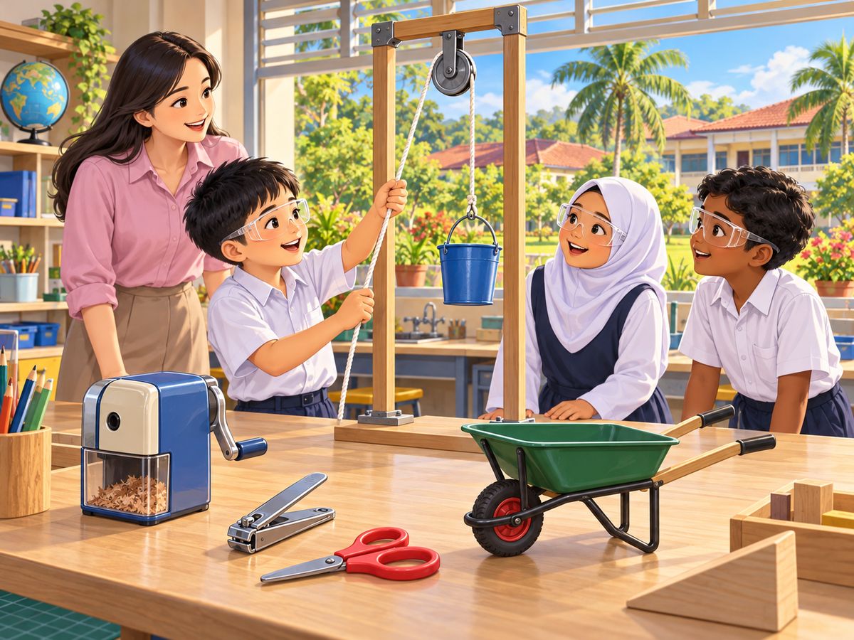 学生用滑轮吊起水桶，桌上有削笔机、指甲钳、剪刀和手推车
